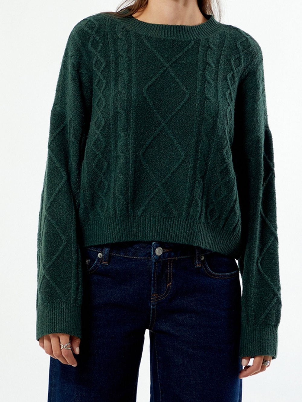 LA Hearts Cozy Cable-Knit Crewneck Sweater Dark Green Medium NEW